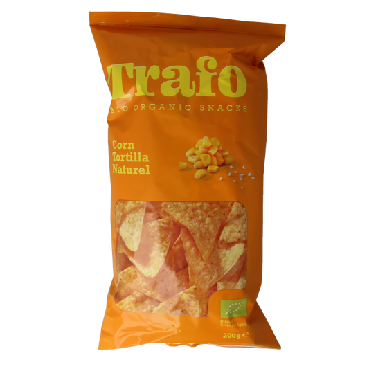 Trafo bio natural tortilla chips in 200g bag, crispy snack with whole grain corn, perfect for healthy snacking.