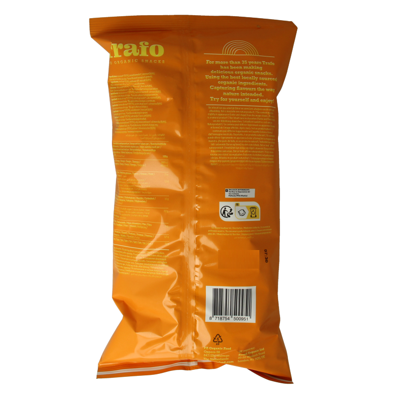 Trafo Tortilla Chips Naturel Bio 200g in a bowl, showing crispy, golden organic snack tortillas.