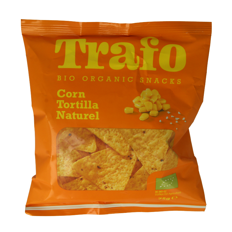 Trafo Tortilla Chips Naturel Bio, 75g, in a bowl showing crispy, salted tortilla chips with a rustic appearance