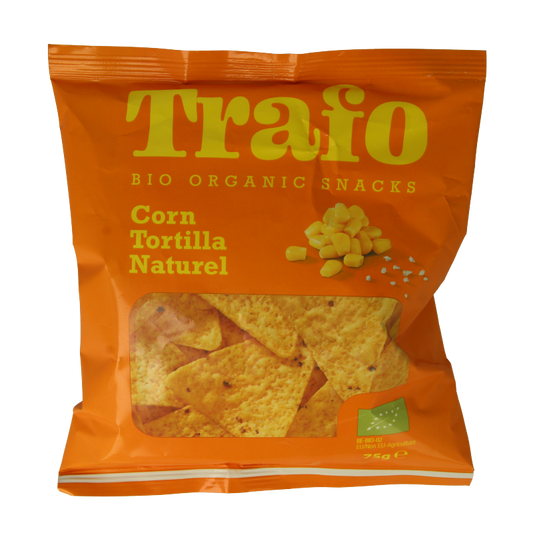 Trafo Tortilla Chips Naturel Bio, 75g, in a bowl showing crispy, salted tortilla chips with a rustic appearance
