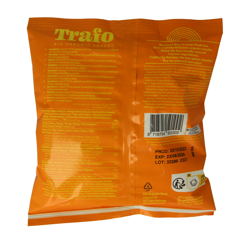 Trafo Tortilla Chips nature bio with salt, 75 grams, crispy organic snack in a clear bag