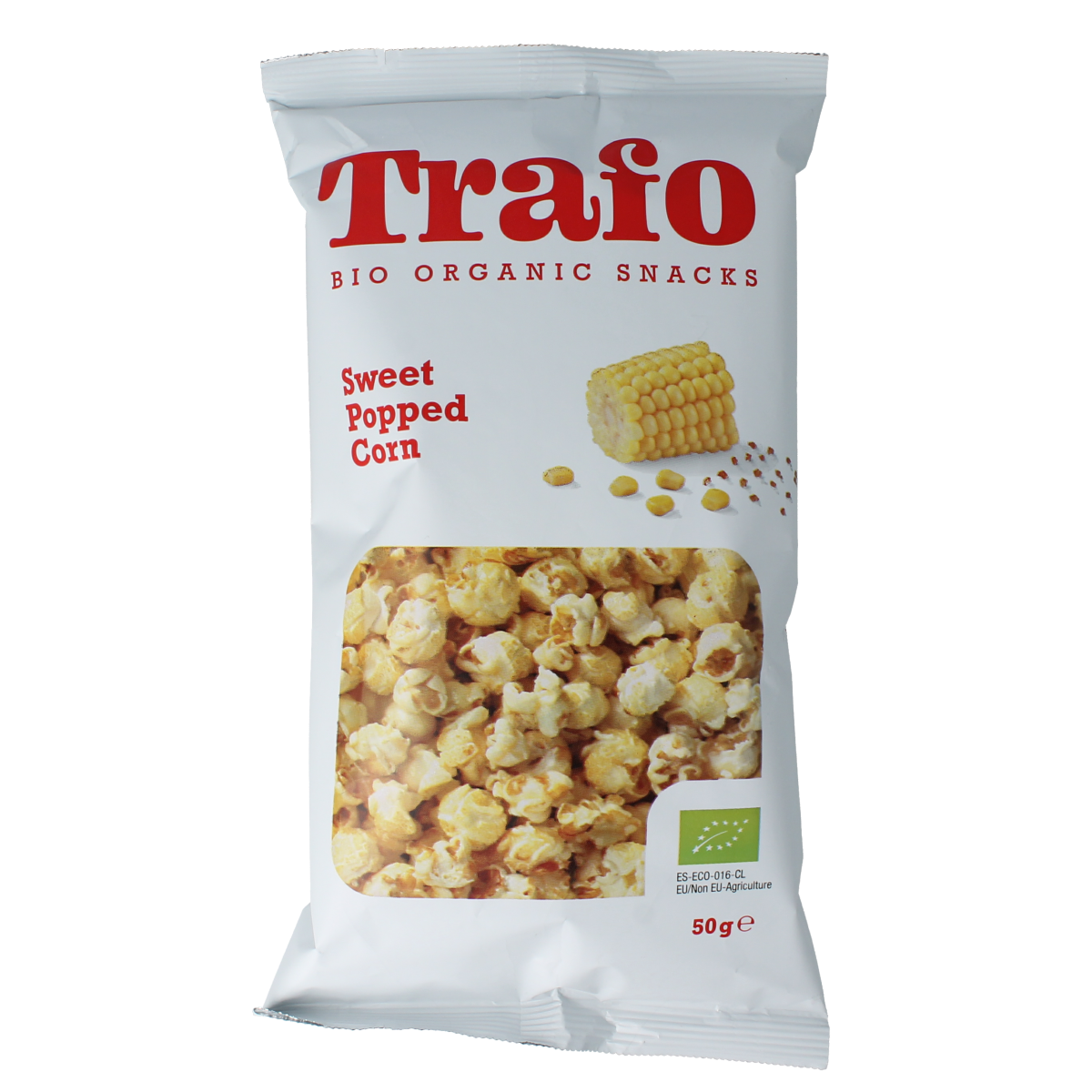 Trafo bio sweet popcorn in a 50g packet, showing golden caramel-coated kernels in a clear bag.