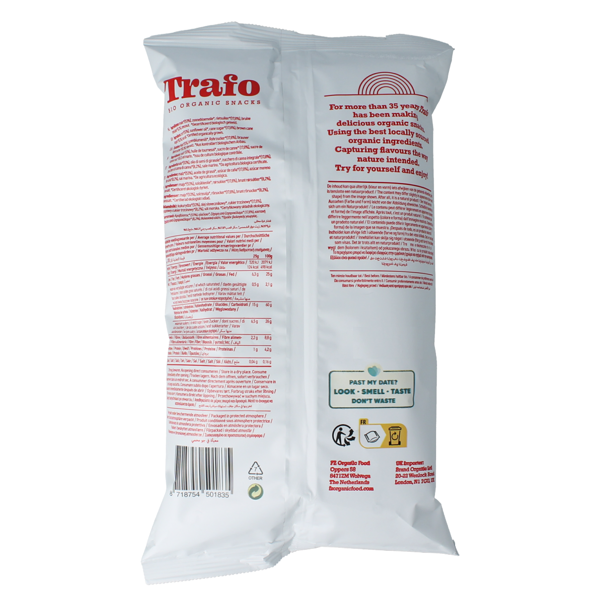 Trafo Bio Popcorn zoet snack in 50g bag, organic sweet popcorn, crunchy snack from Trafo.