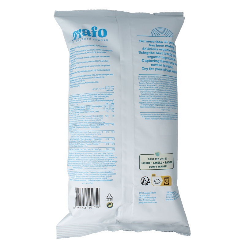 Trafo Popcorn zout bio 50g, organic salted popcorn snack in a clear bag with Trafo branding.