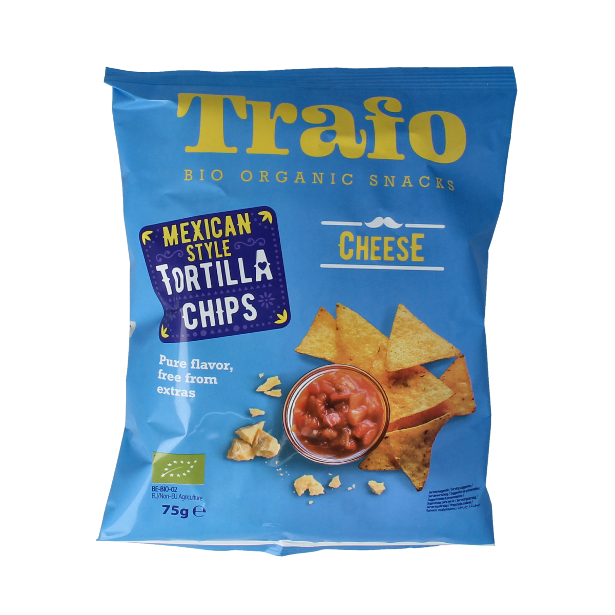 Trafo bio tortilla chips with salt, 75g package, crispy nacho-style chips in a bright, colorful bag.