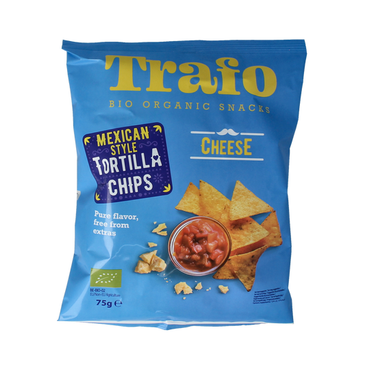 Trafo bio tortilla chips with salt, 75g package, crispy nacho-style chips in a bright, colorful bag.