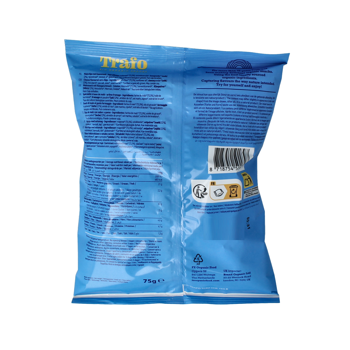 Trafo Tortilla chips nacho bio 75g, salted organic corn chips, crispy and golden, ideal for snacking or dipping.
