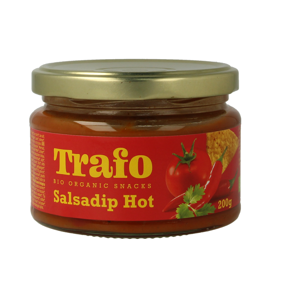 Trafo Salsadip hot bio chips and zoutjes in 200g package, crispy snack with spicy flavor and natural ingredients.