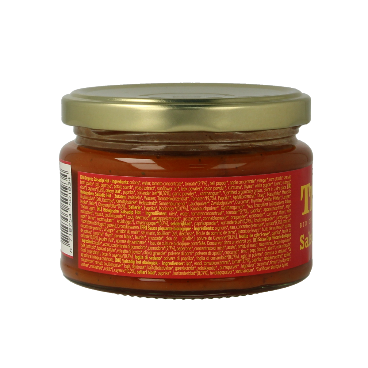 Trafo Salsadip hot bio chips en zoutjes in 200g package, crispy snacks with spicy and salty flavors.