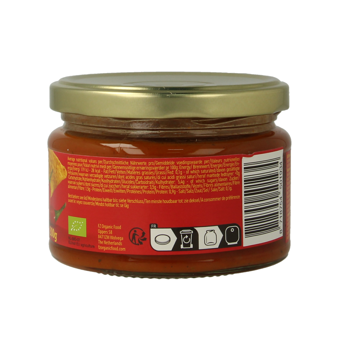 Trafo Salsadip hot bio chips en zoutjes in 200g bag, crispy snack with spicy and salty flavor, bio ingredients.