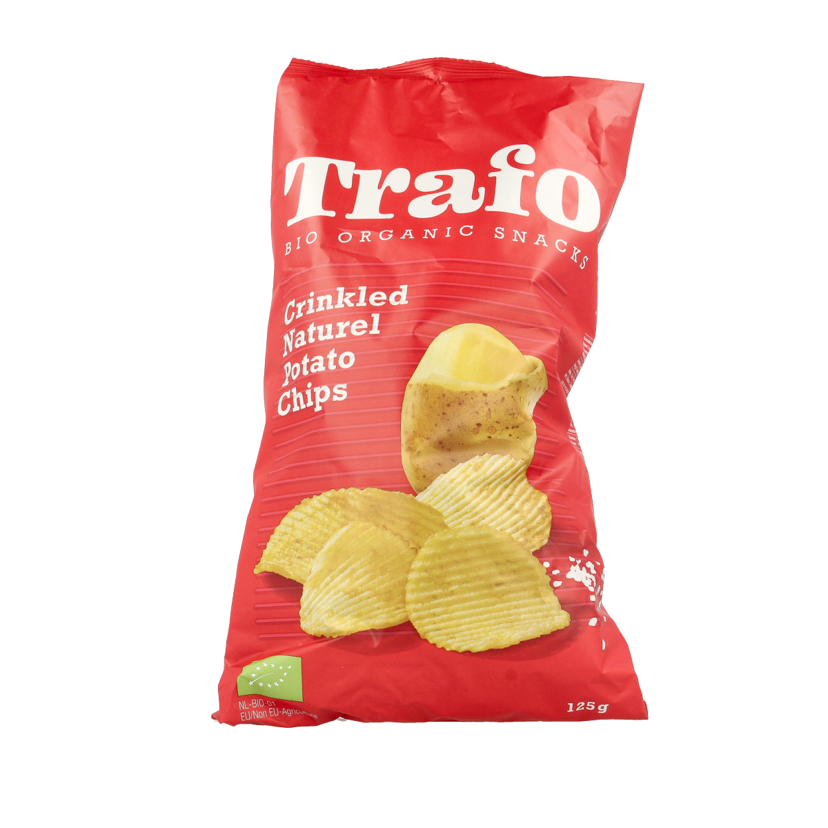 Trafo Ribbelchips gezouten bio in 125g bag, crispy salted organic potato chips with textured ridges