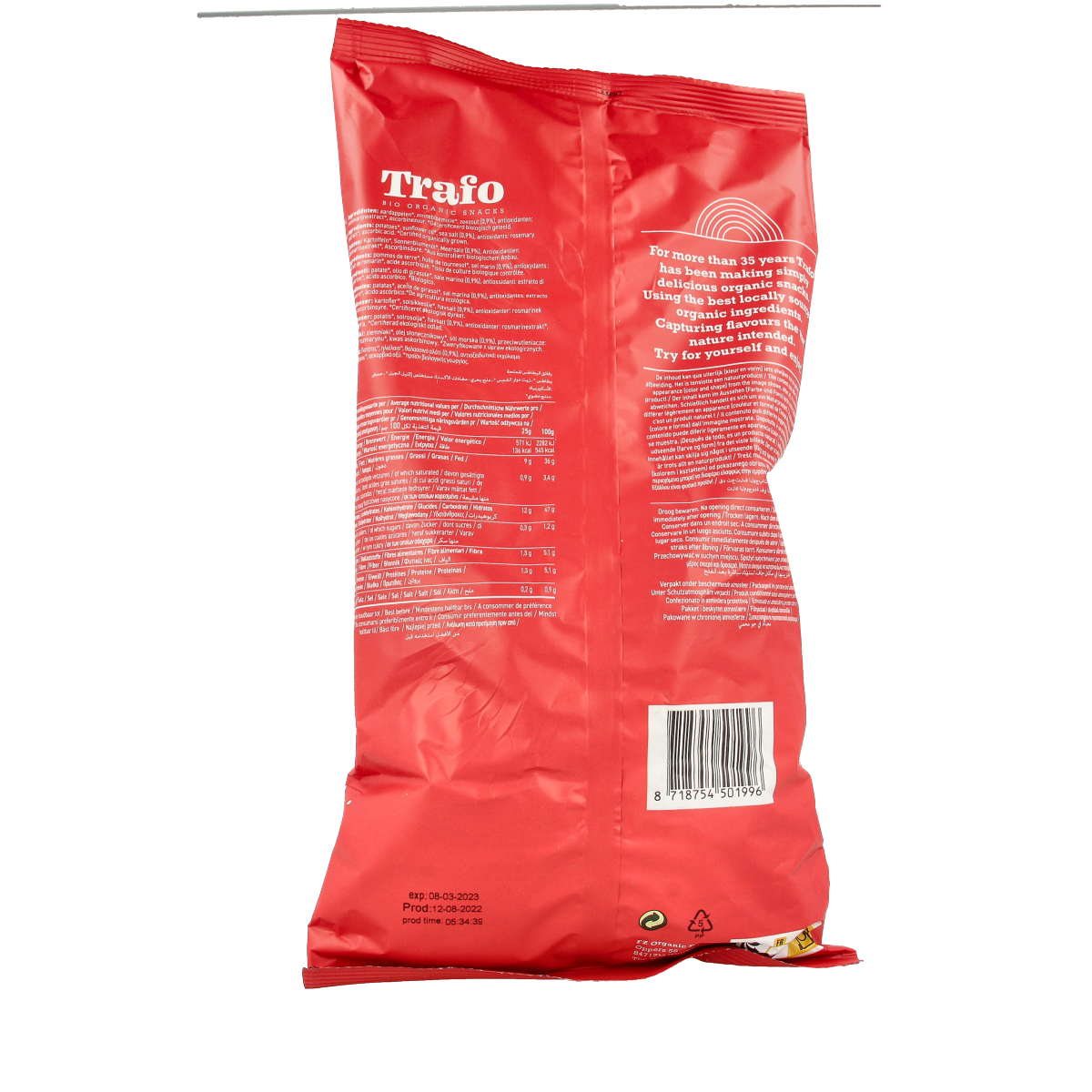 Trafo gezouten biologische ribbelchips in 125g package, crispy snack with ridged texture and natural salt flavor.