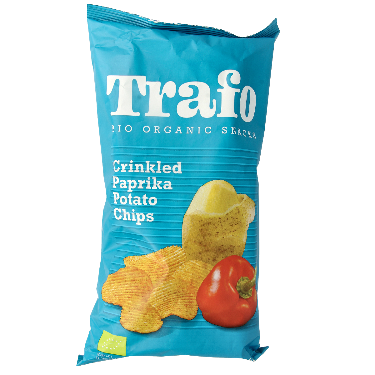 Trafo Bio paprika ribbelchips in 125g bag, crunchy chips with spicy paprika flavor, perfect for snack time.