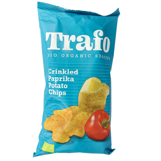 Trafo Bio paprika ribbelchips in 125g bag, crunchy chips with spicy paprika flavor, perfect for snack time.