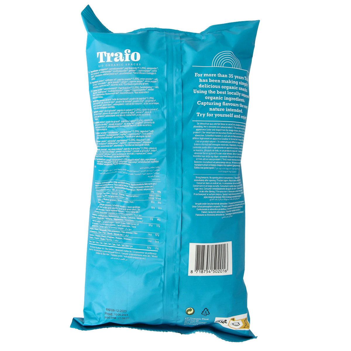 Trafo Bio Ribbelchips paprika in 125g bag, crunchy chips with paprika flavor from Trafo, ideal for snacking.