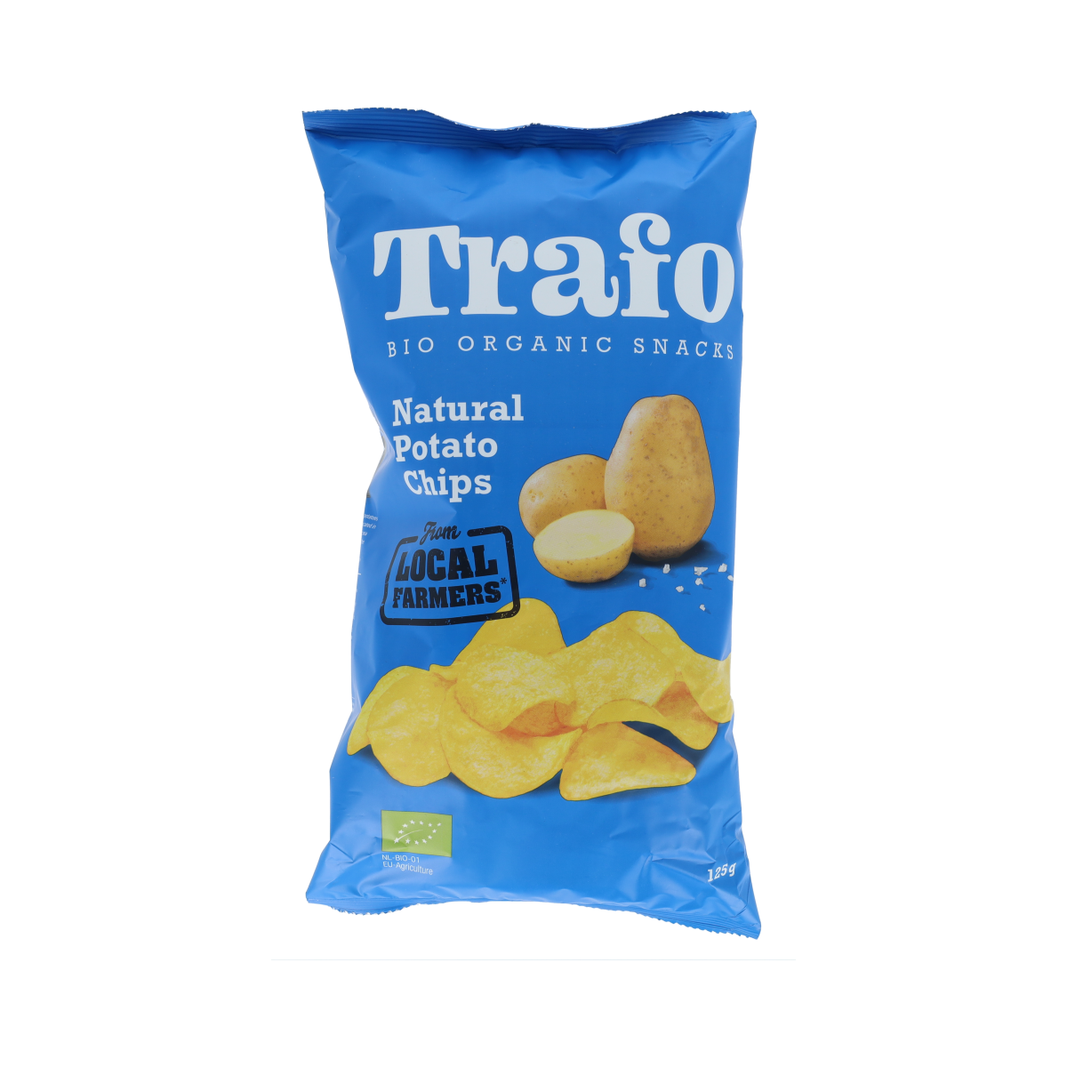 Trafo gezouten biologische chips in 125g package, crispy snack with salt, natural and healthy snack option.