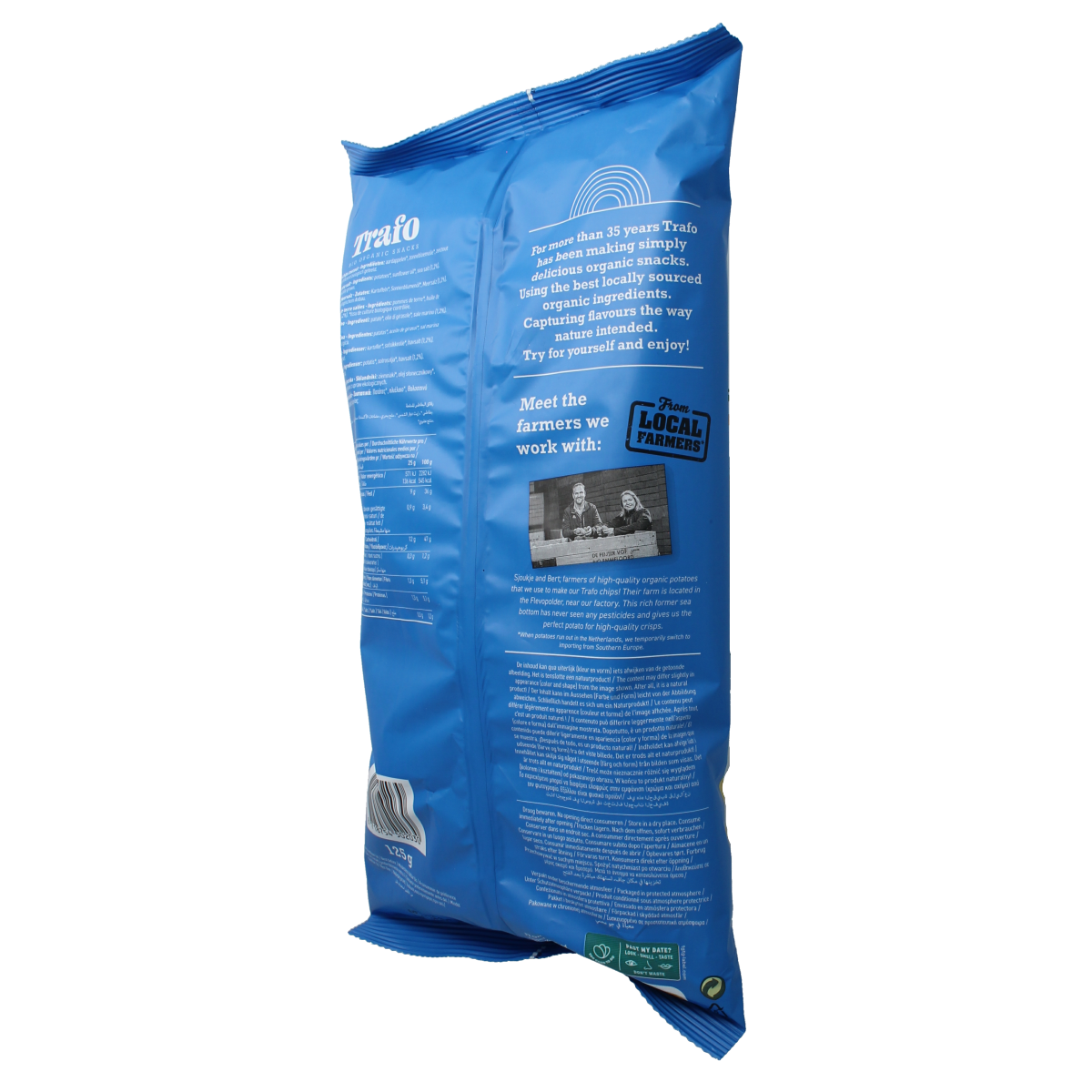 Trafo gezouten bio chips in 125g package, crunchy organic salted snack with crispy potato chips.