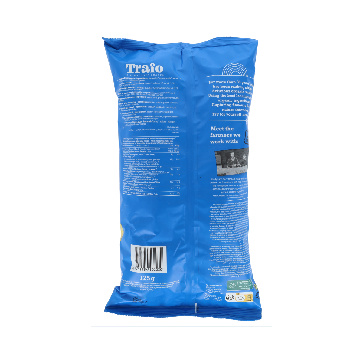Trafo gezouten biologische chips in 125g package, crispy snack from natural ingredients, ideal for healthy snacking.