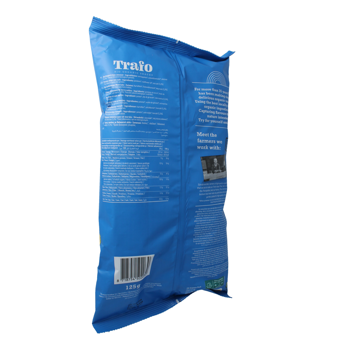 Trafo gezouten biologische chips in 125g package, crispy snack from Trafo Chips en Zoutjes line.