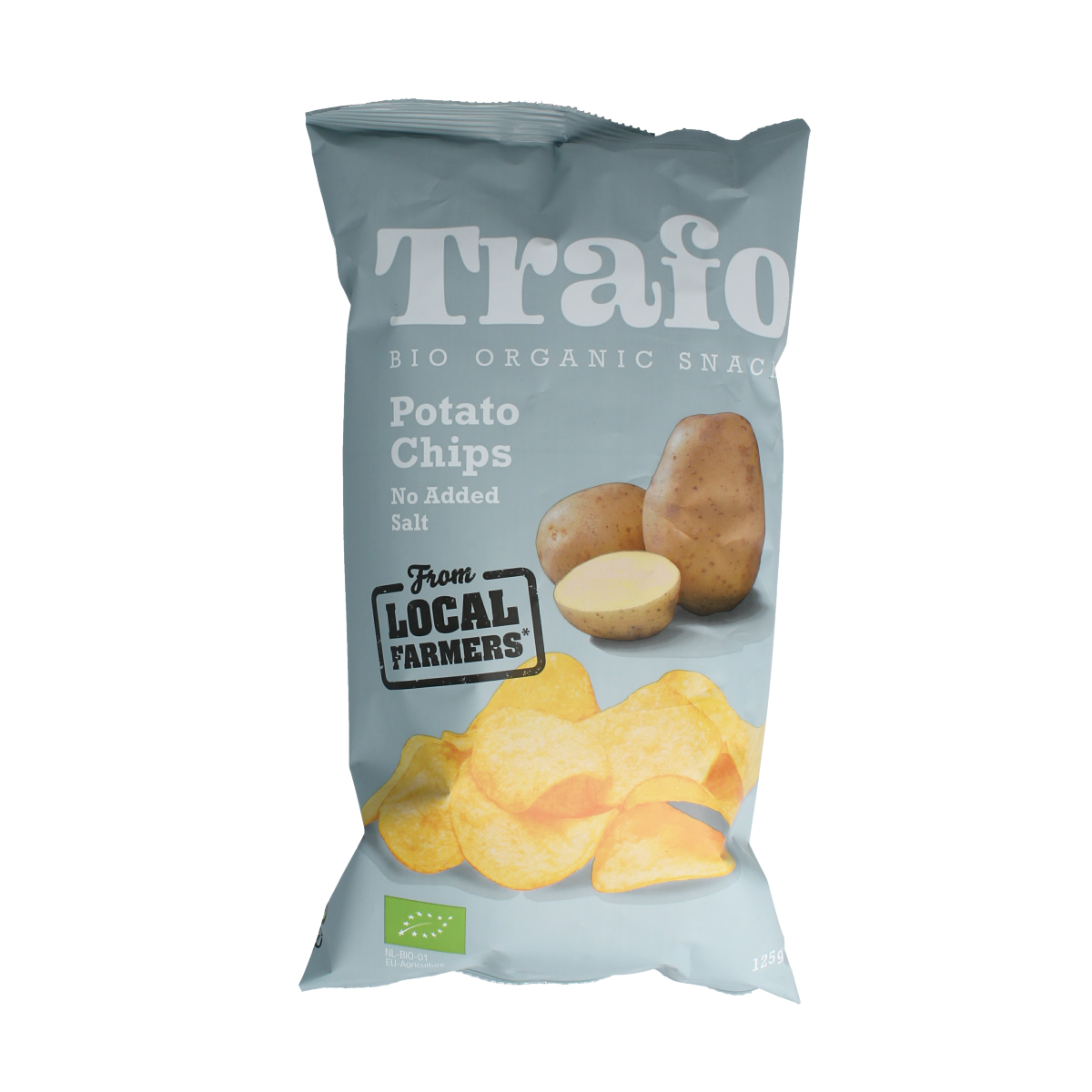 Trafo bio chips zonder zout in 125g package, crispy snack with natural ingredients and no added salt.
