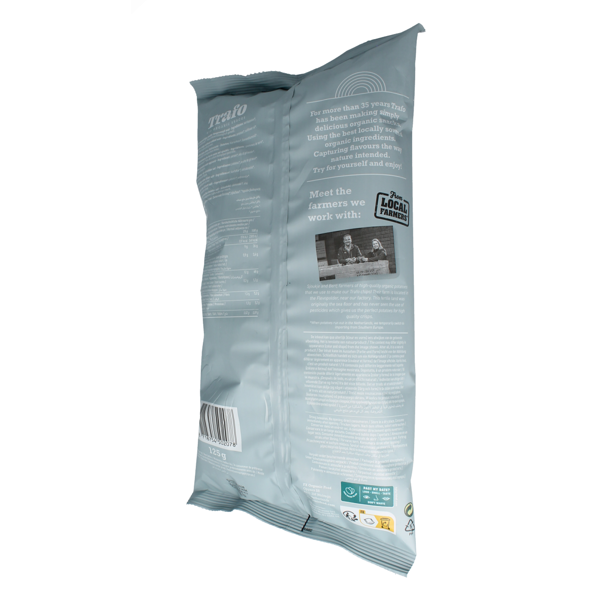 Trafo biologische zoutloze chips in 125g pack, crispy snack made without added salt, ideal for healthy snacking.