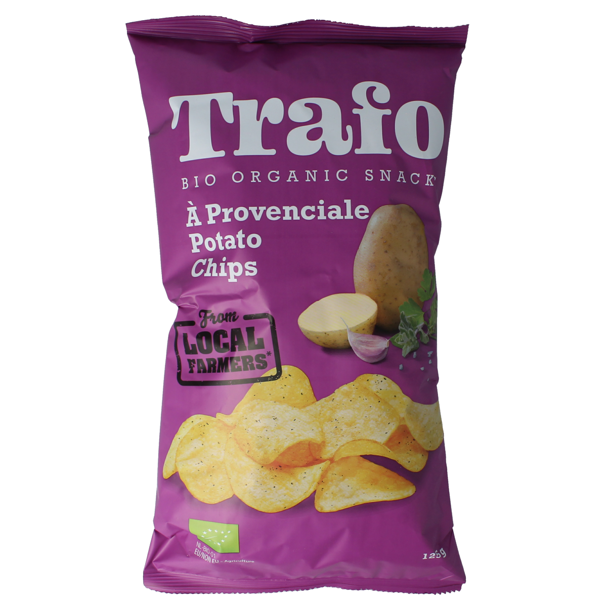 Trafo Provencal bio Chips en Zoutjes 125g, with salted chips and provencal herbs in a clear bag.