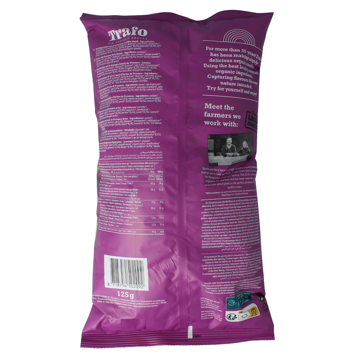 Trafo Bio Provencal Chips en Zoutjes, 125g, crispy snack with herbs and salt, in colorful packaging.