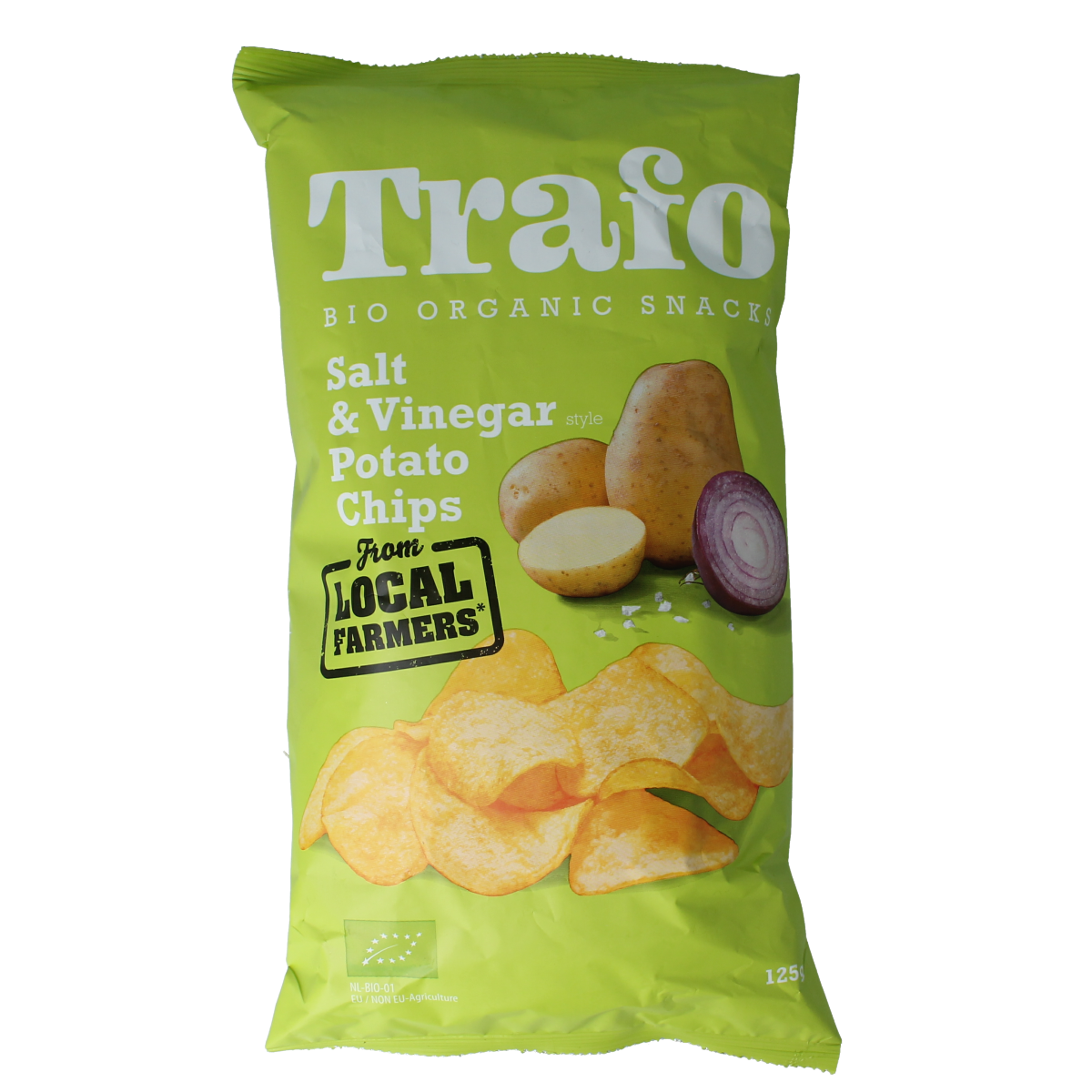 Trafo handcooked salt and vinegar bio chips in 125g bag, crispy snack with salted vinegar flavor and natural ingredients.