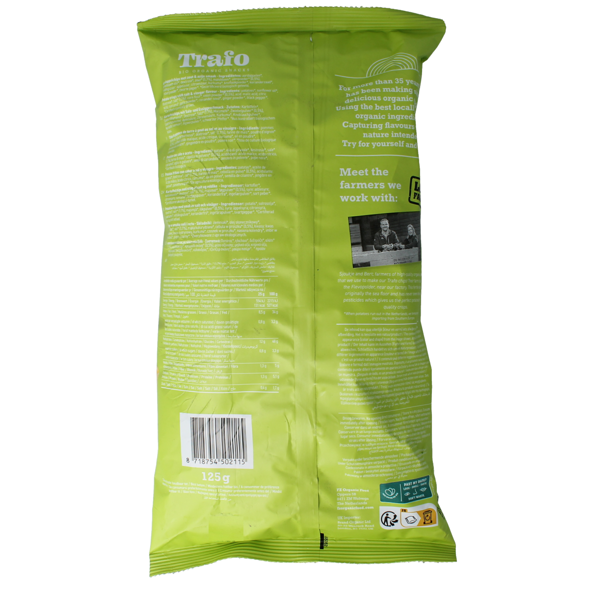 Trafo Chips handcooked salt and vinegar bio, 125g, crunchy chips with tangy salt and vinegar flavor in a clear bag