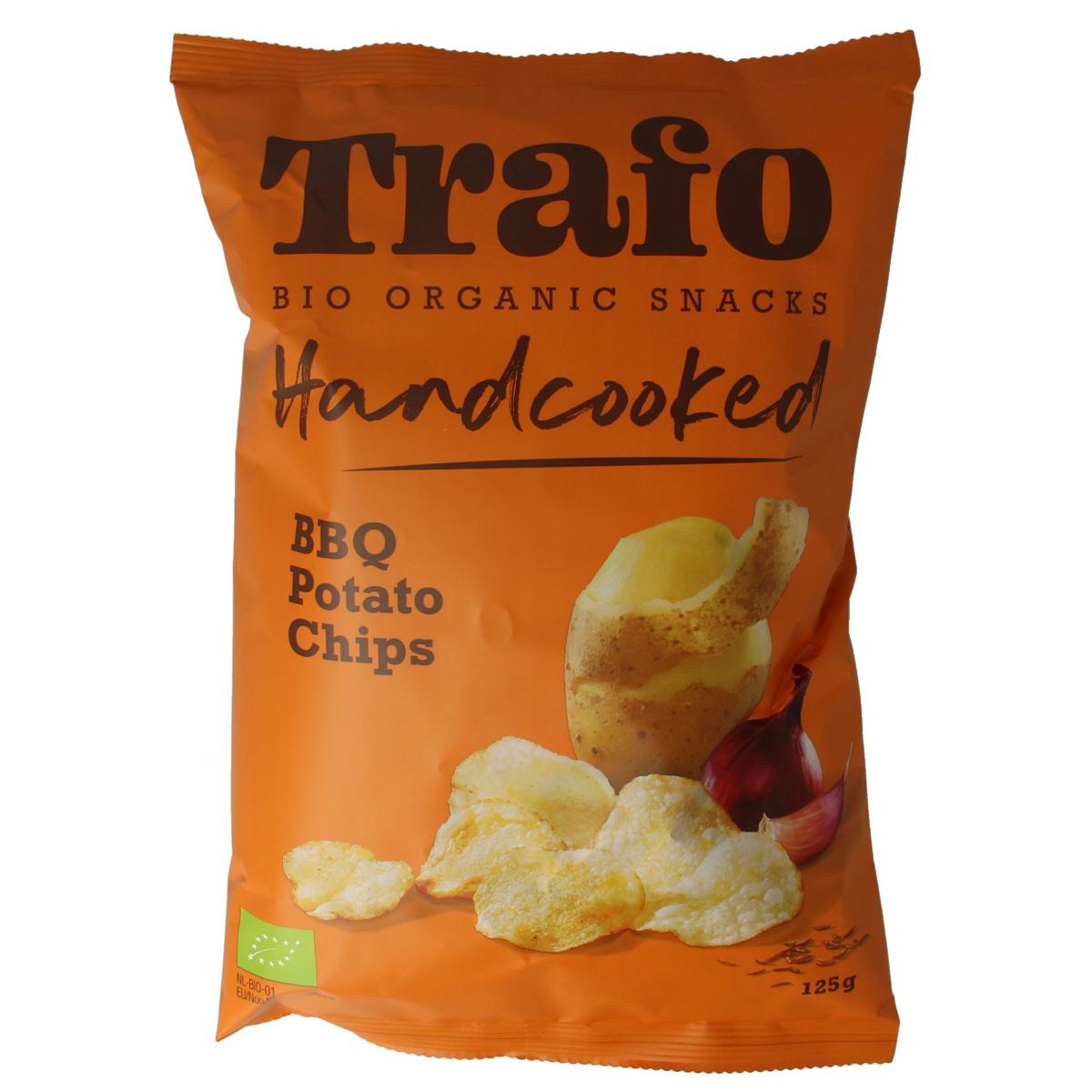 Trafo Chips handcooked barbecue salt and chips in 125g bag, crispy snack with smoky barbecue flavor.