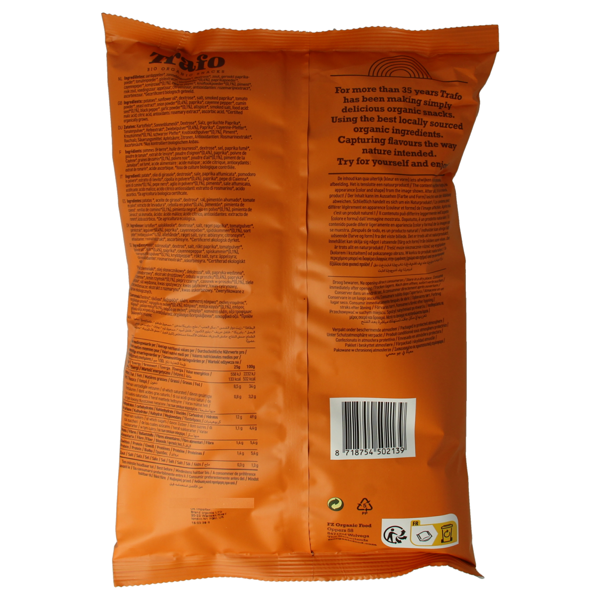 Handcooked barbecue Trafo Chips en Zoutjes in a 125g bag, featuring crispy chips with smoky barbecue flavor and salt.