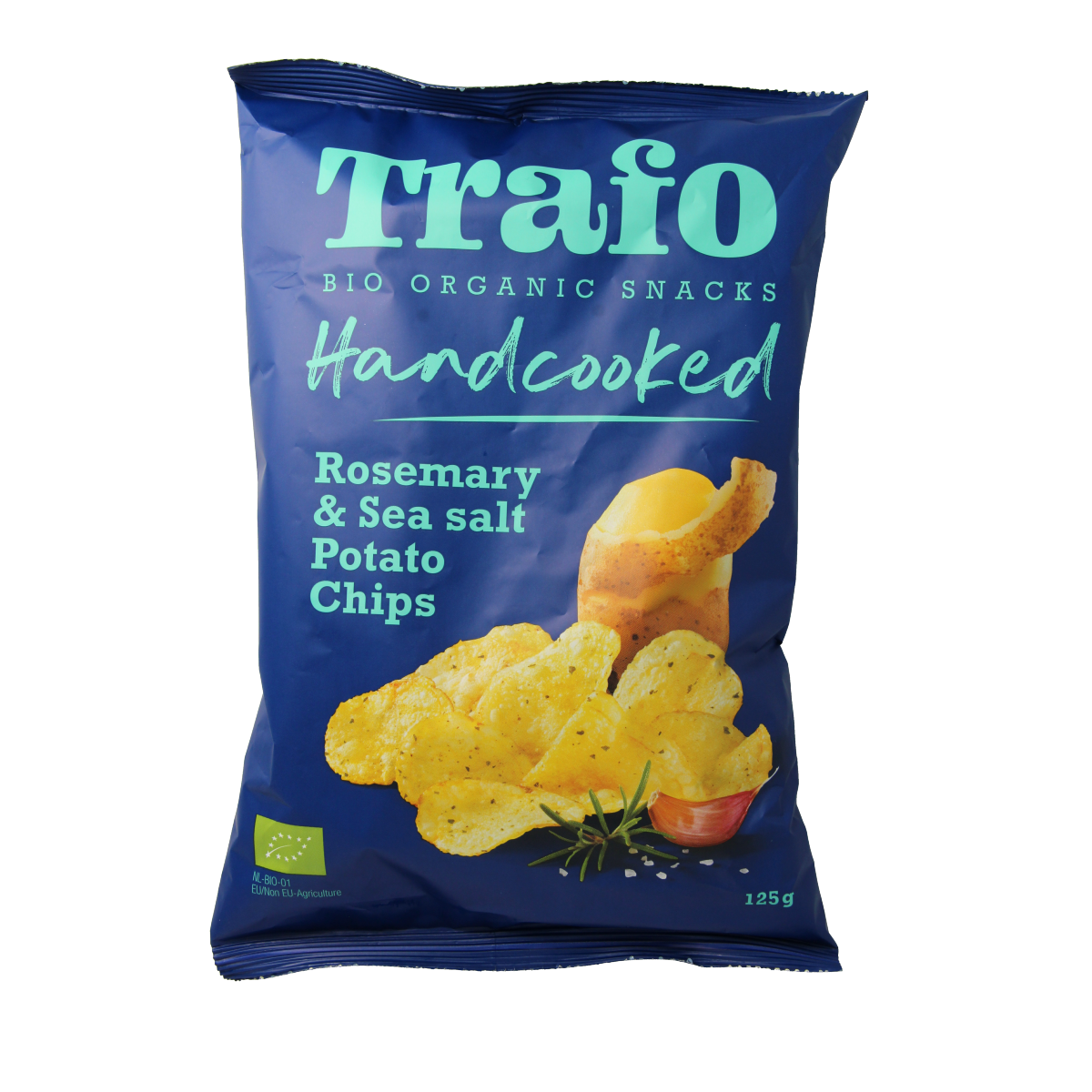 Trafo handcooked rozemarijn chips with Himalaya zout in 125g package, featuring seasoned chips with rosemary and Himalayan salt.