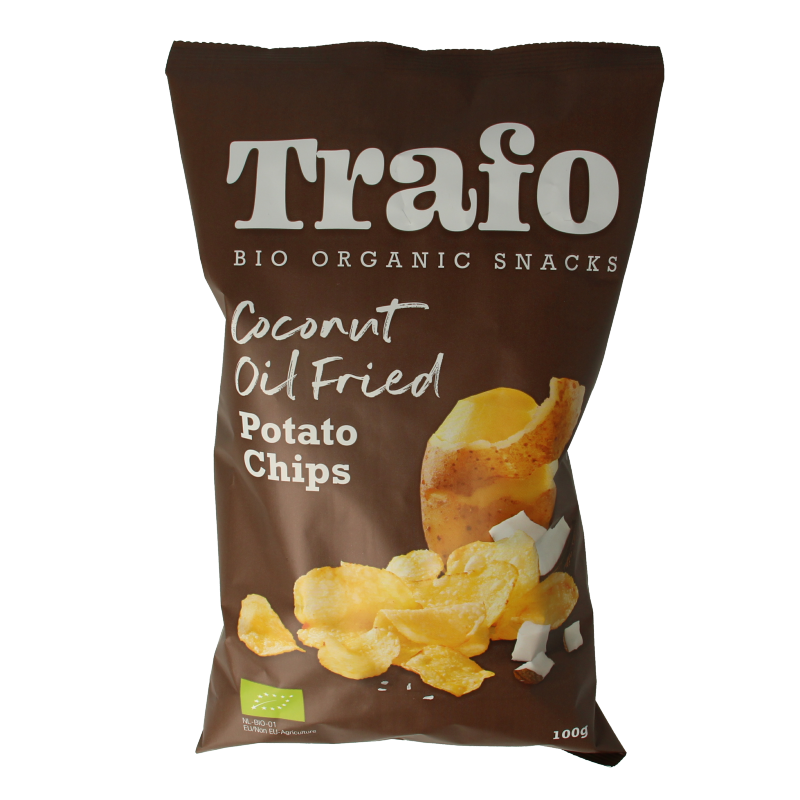 Trafo biologische kokosolie chips en zoutjes, gebakken en knapperig, 100 gram verpakking, natuurlijke snack met kokosolie.