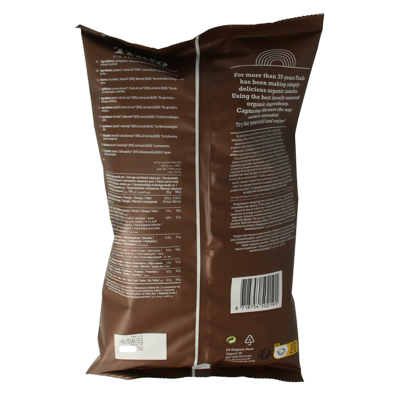 Trafo biologische kokosolie gebakken chips en zoutjes in 100 gram verpakking, crispy snack met kokosolie geur en smaak