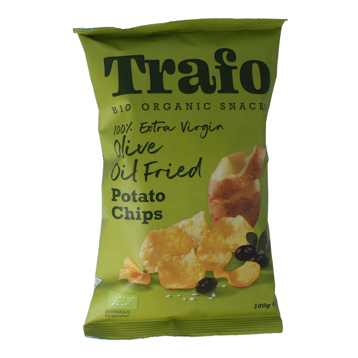 Trafo gebakken chips met zout, gemaakt in extra virgin olijfolie, biologische 100g snack in een open verpakking