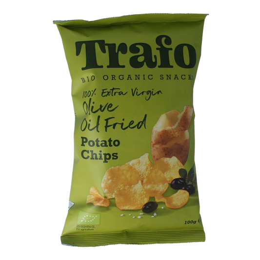 Trafo gebakken chips met zout, gemaakt in extra virgin olijfolie, biologische 100g snack in een open verpakking