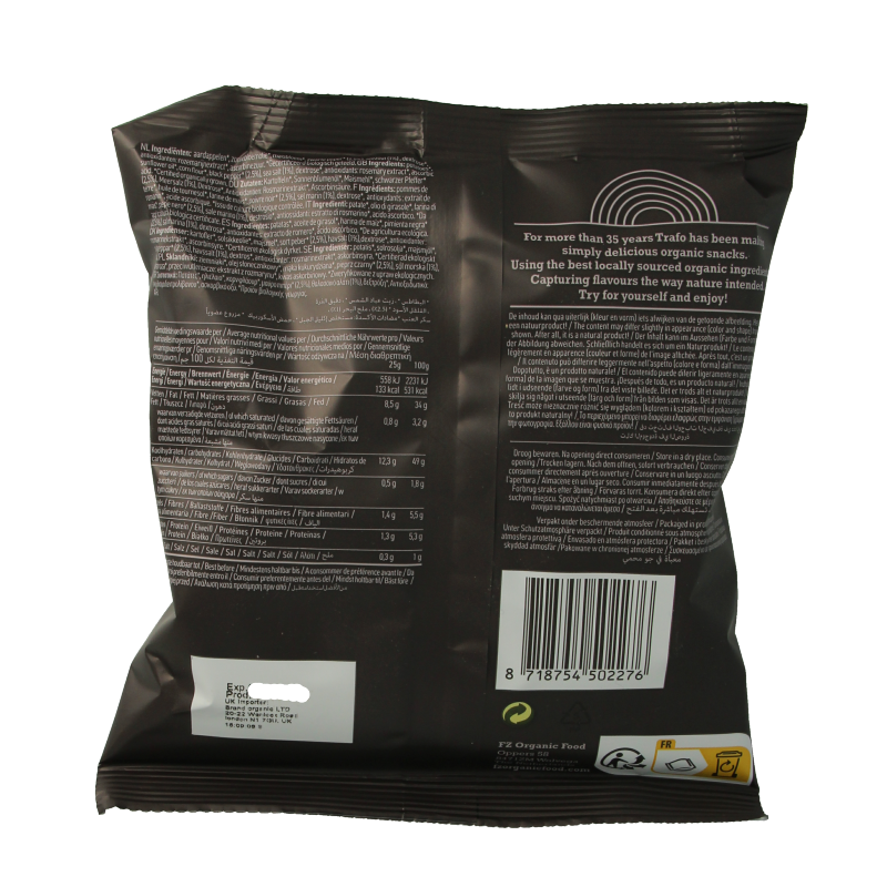 Trafo handcooked zout en peper bio chips in 40g bag, featuring crispy chips seasoned with salt and pepper.