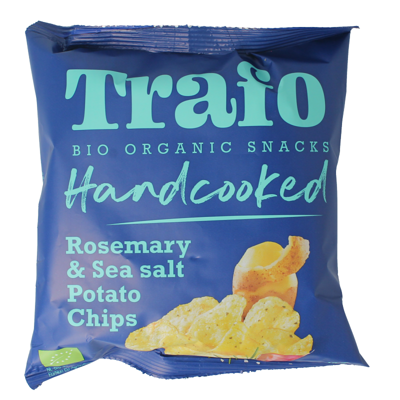 Trafo handcooked rozemarijn chips with himalaya zout in a 40g package, featuring seasoned, crispy chips with herbs and salt.