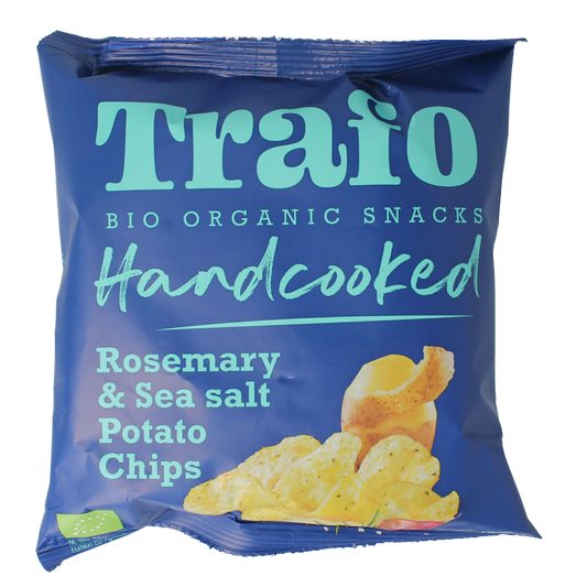 Trafo handcooked rozemarijn chips with himalaya zout in a 40g package, featuring seasoned, crispy chips with herbs and salt.