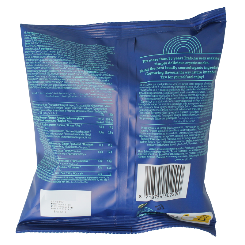 Trafo handcooked rozemarijn chips with Himalaya zout in 40g bio package, featuring crunchy chips with rosemary and Himalayan salt.