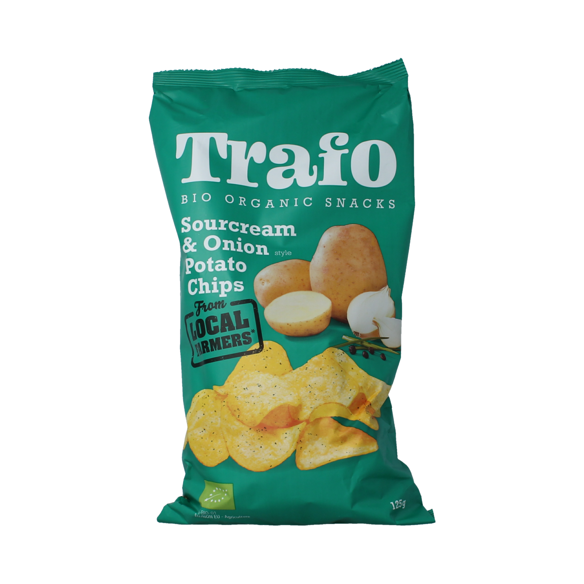 Trafo Chips sour cream & onion bio, 125g, organic chips with sour cream and onion flavor, in a colorful bag.