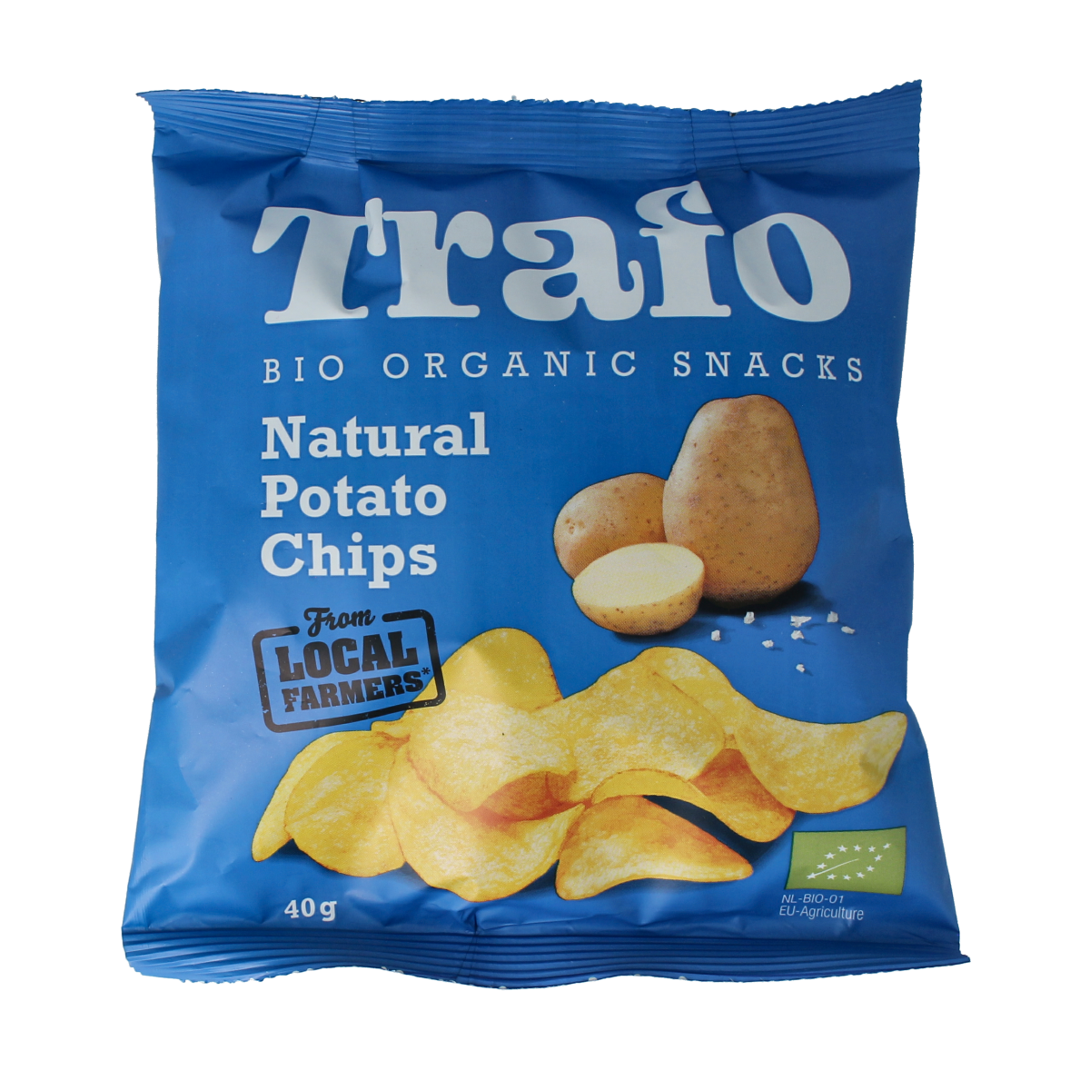 Trafo bio natural chips with salt in a 40g bag, crispy snack made from organic ingredients, shown in the image.