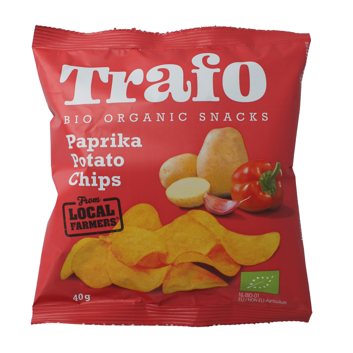 Trafo organic paprika chips and zoutjes in a 40g bag, crispy snack with vibrant paprika flavor from Trafo.
