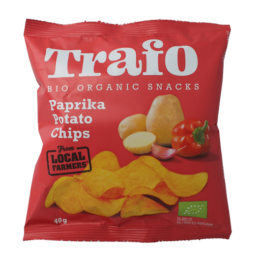 Trafo organic paprika chips and zoutjes in a 40g bag, crispy snack with vibrant paprika flavor from Trafo.