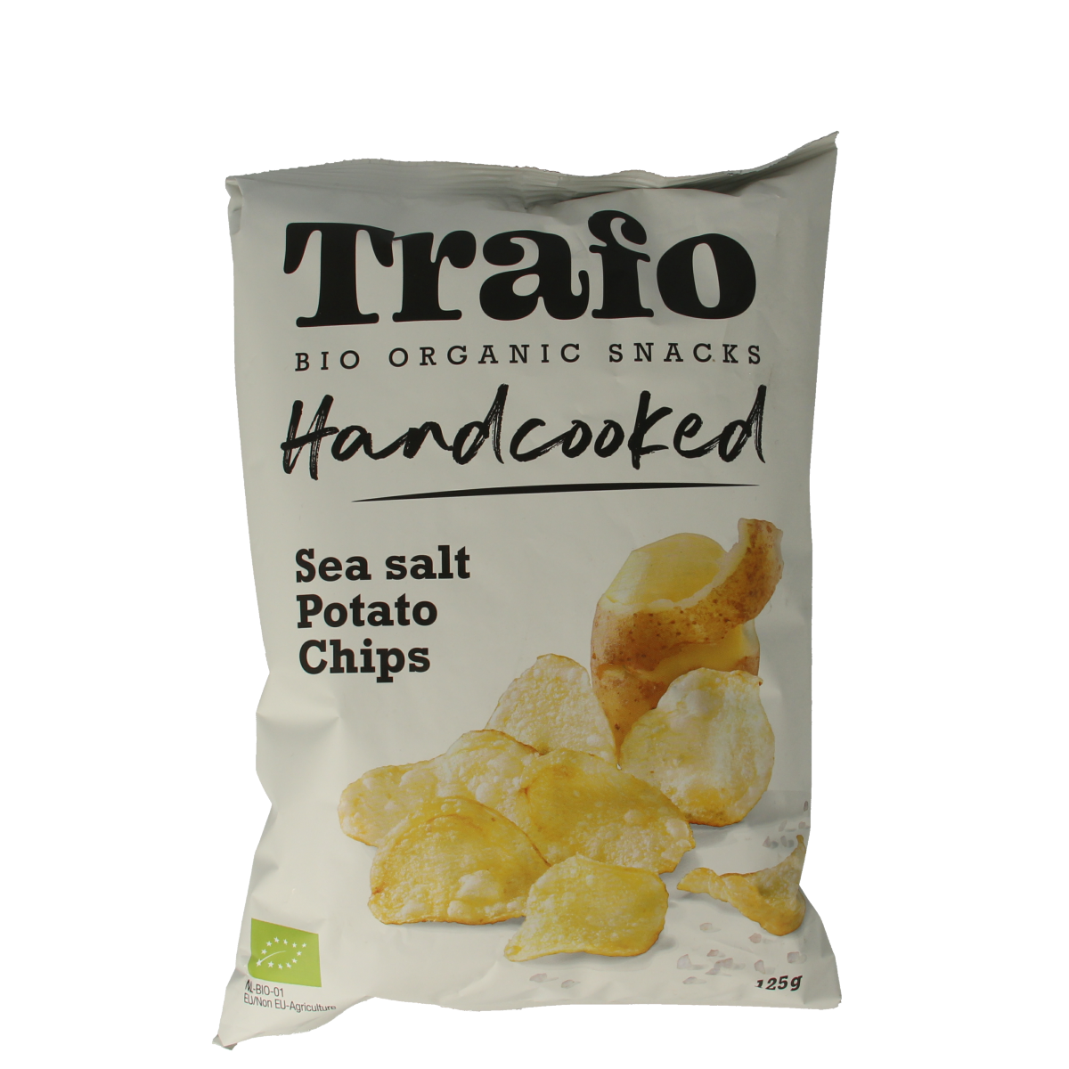 Trafo Chips handcooked zeezout bio in 125g bag, golden chips with sea salt, natural and crunchy snack from Trafo brand.