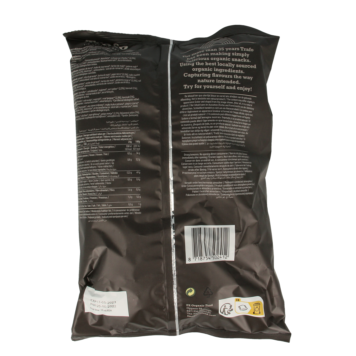 Trafo handcooked zeezout en peper chips in 125g package, crispy salted chips with black pepper from Trafo brand