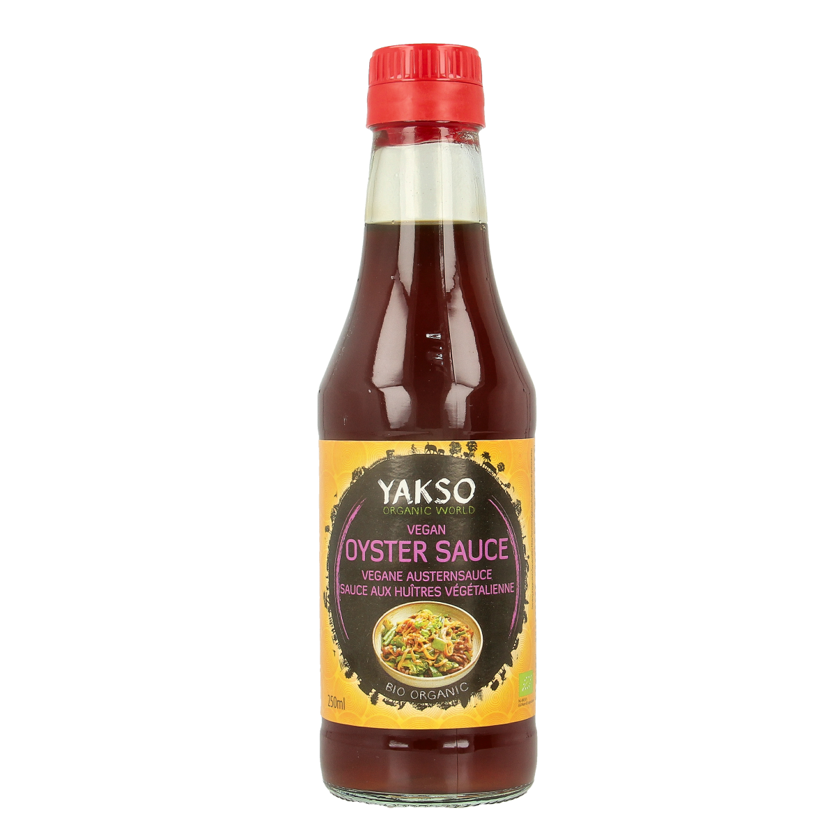 Yakso vegan organic oyster sauce in 250ml bottle, showing the label and packaging of the sauce for cooking and flavoring.