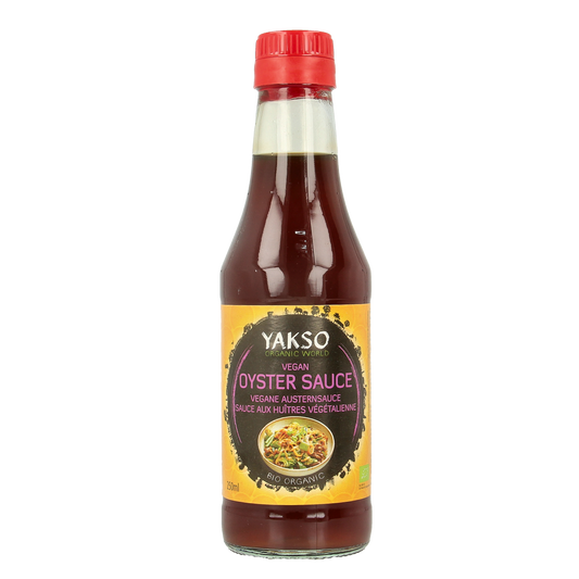Yakso vegan organic oyster sauce in 250ml bottle, showing the label and packaging of the sauce for cooking and flavoring.