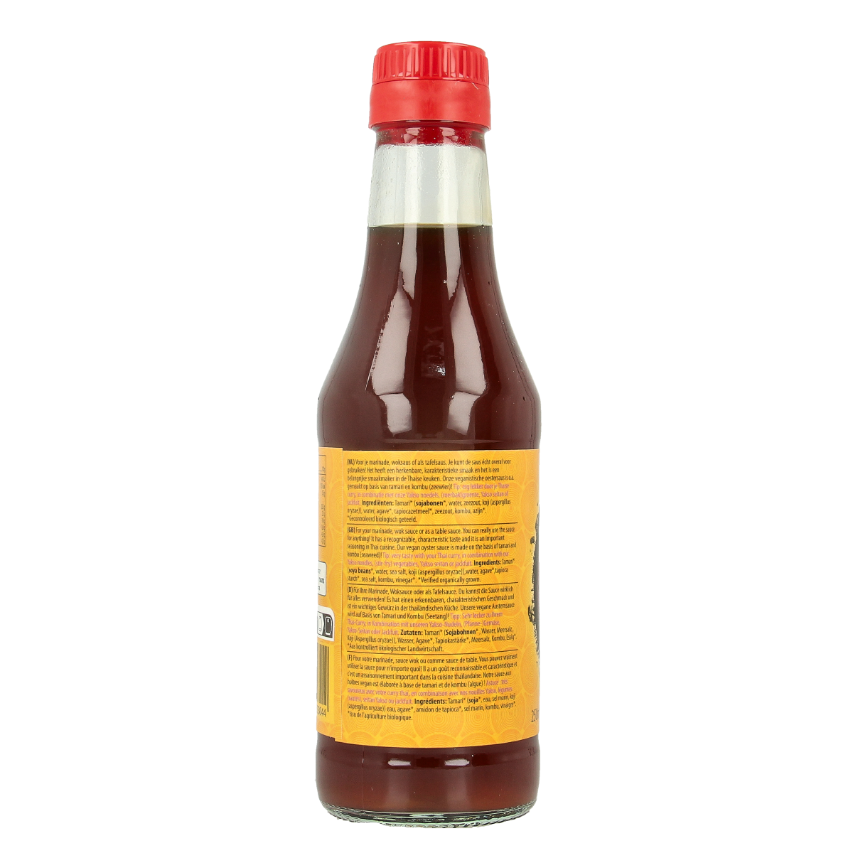 Vegan Yakso oyster sauce in a 250ml bottle, organic flavor enhancer and seasoning for Asian dishes.