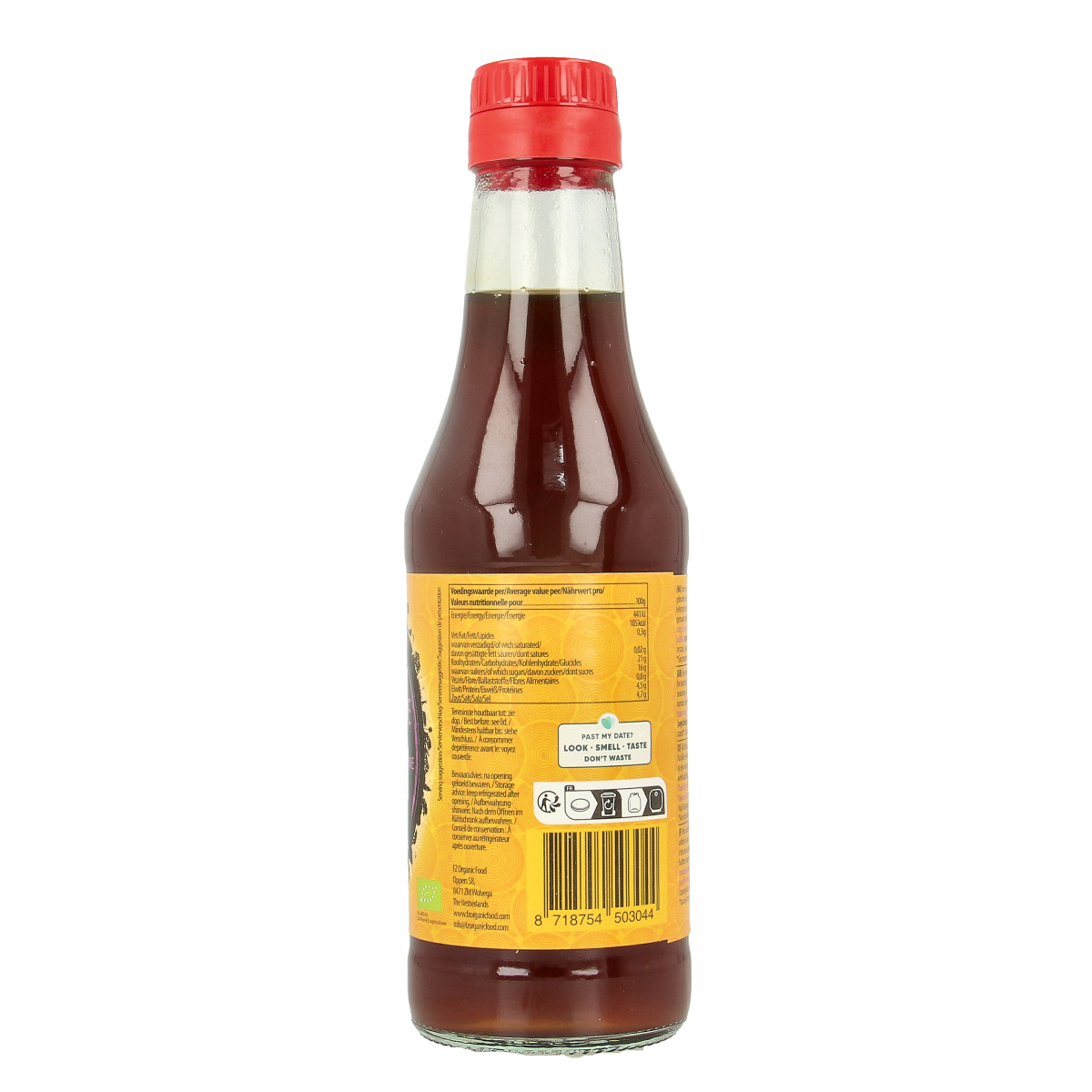 Vegan Yakso oyster sauce in a 250ml bottle, natural and organic, with label showing product details and branding.